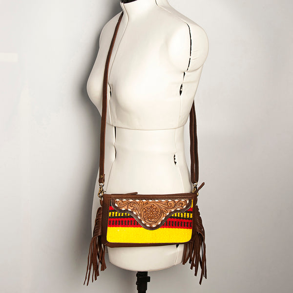 ADBGA188 American Darling Southwestern Wool & Leather Fringe Crossbody Bag with Hand-Tooled Flap