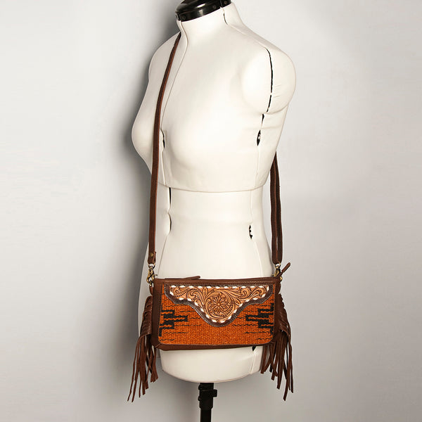 ADBGA188 American Darling Southwestern Wool & Leather Fringe Crossbody Bag with Hand-Tooled Flap