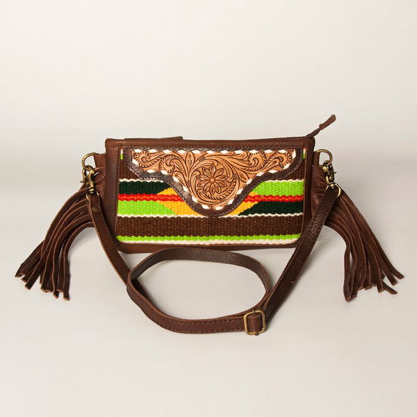 ADBGA188 American Darling Southwestern Wool & Leather Fringe Crossbody Bag with Hand-Tooled Flap