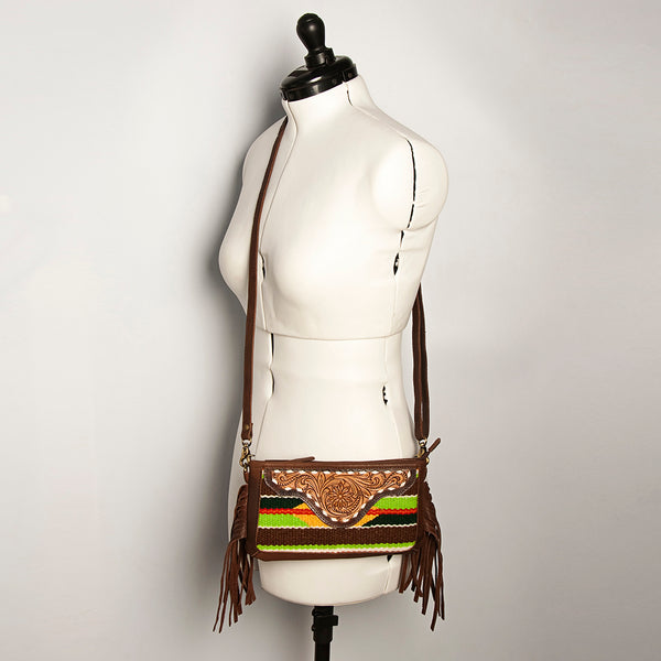 ADBGA188 American Darling Southwestern Wool & Leather Fringe Crossbody Bag with Hand-Tooled Flap