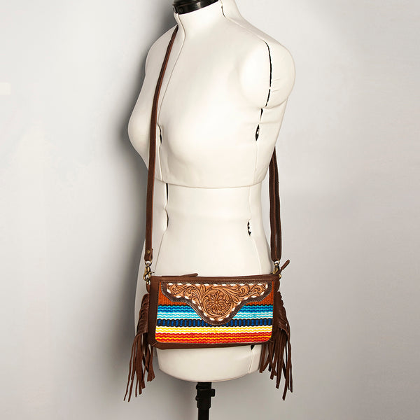 ADBGA188 American Darling Southwestern Wool & Leather Fringe Crossbody Bag with Hand-Tooled Flap