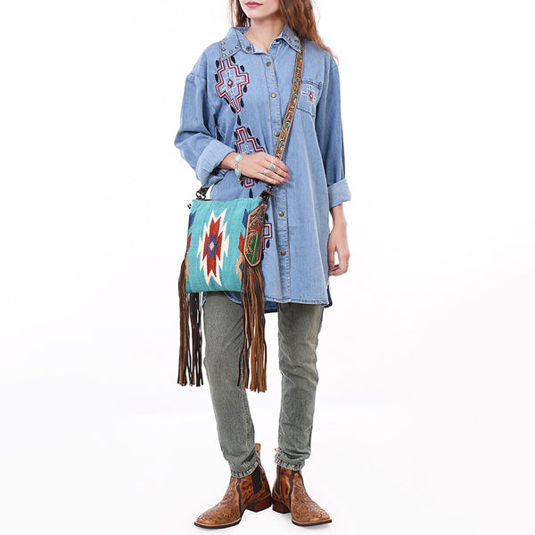 ADBG891 American Darling Hand-Woven Saddle Blanket Large Cross body Bag | Tooled Leather Fringed Purse