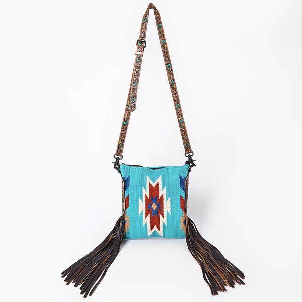 ADBG891 American Darling Hand-Woven Saddle Blanket Large Cross body Bag | Tooled Leather Fringed Purse
