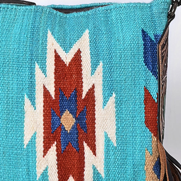 ADBG891 American Darling Hand-Woven Saddle Blanket Large Cross body Bag | Tooled Leather Fringed Purse