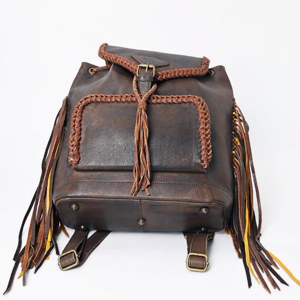 ADBGM275 Western Leather Backpack - Braided Trim, Fringe & Buckle Closure