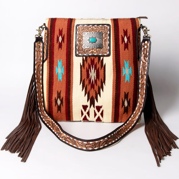 ADBGA269 American Darling Aztec Pattern Woven Tooled Leather Fringed Crossbody