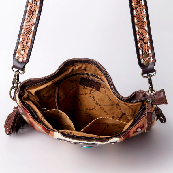 ADBGA269 American Darling Aztec Pattern Woven Tooled Leather Fringed Crossbody