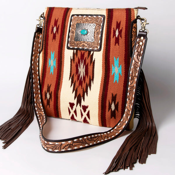 ADBGA269 American Darling Aztec Pattern Woven Tooled Leather Fringed Crossbody