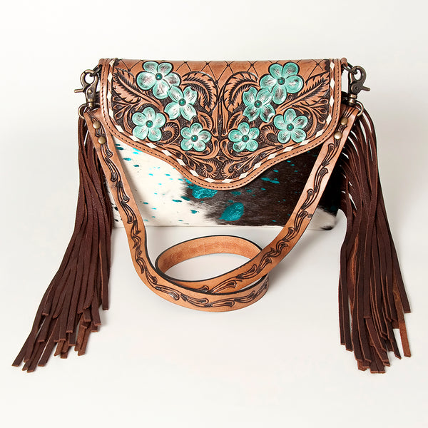 ADBG843 American Darling Hand Tooled Floral Leather & Hair-On Cowhide Cross body Bag with Fringes