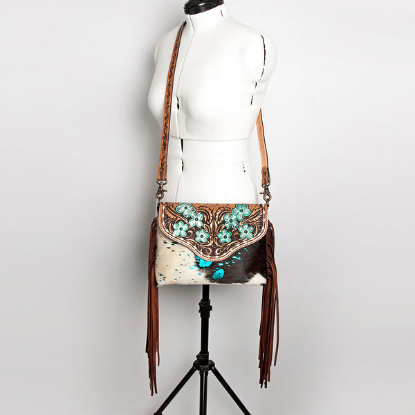 ADBG843 American Darling Hand Tooled Floral Leather & Hair-On Cowhide Cross body Bag with Fringes