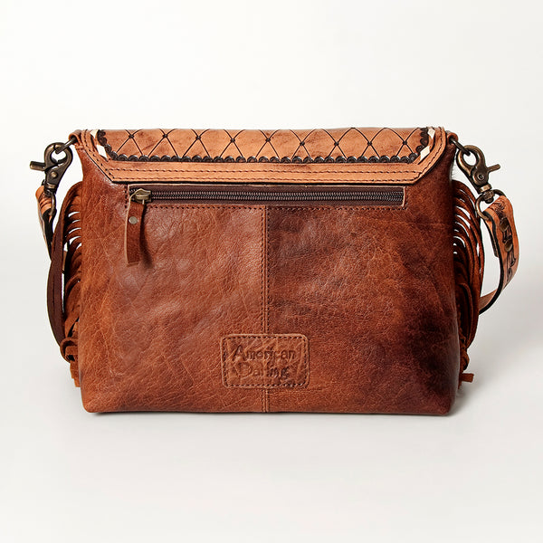 ADBG843 American Darling Hand Tooled Floral Leather & Hair-On Cowhide Cross body Bag with Fringes