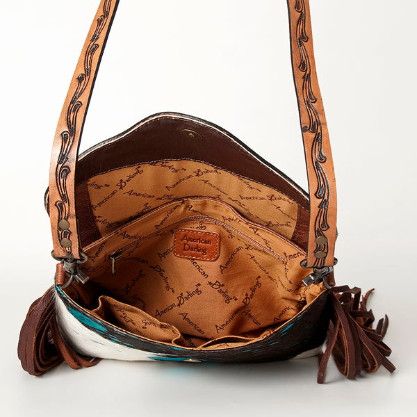 ADBG843 American Darling Hand Tooled Floral Leather & Hair-On Cowhide Cross body Bag with Fringes