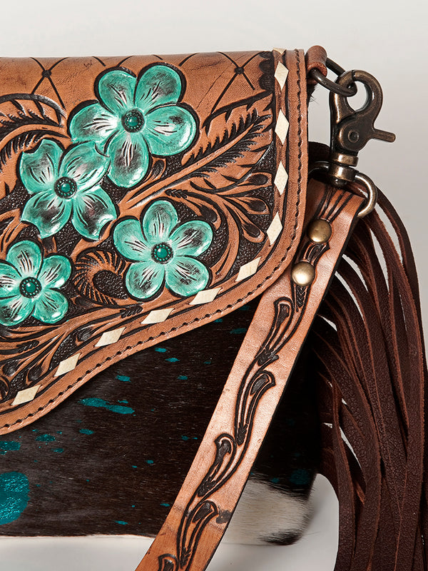 ADBG843 American Darling Hand Tooled Floral Leather & Hair-On Cowhide Cross body Bag with Fringes