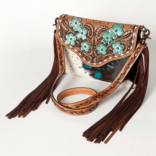 ADBG843 American Darling Hand Tooled Floral Leather & Hair-On Cowhide Cross body Bag with Fringes