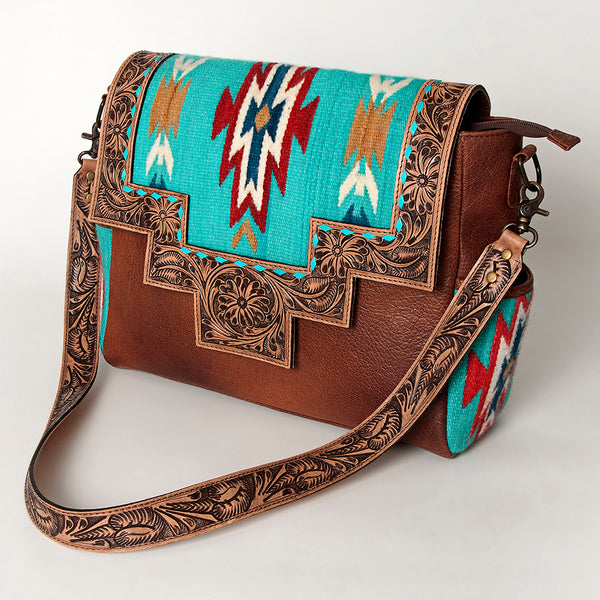 ADBG842 American Darling Western Messenger Bag Hand Tooled Floral with Hand Woven Saddle Blanket