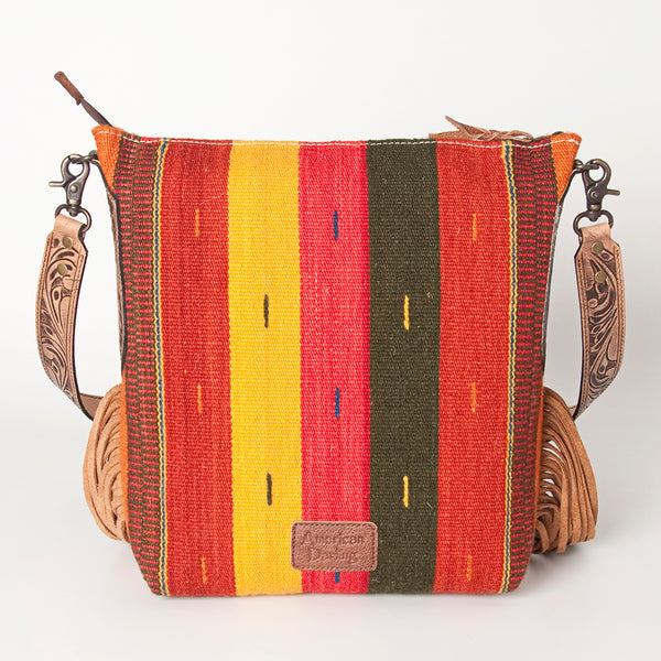 ADBG905 American Darling Southwestern Wool Blanket & Tooled Leather Crossbody Bag with Fringes