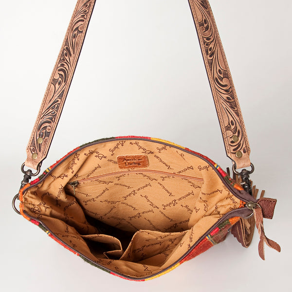 ADBG905 American Darling Southwestern Wool Blanket & Tooled Leather Crossbody Bag with Fringes