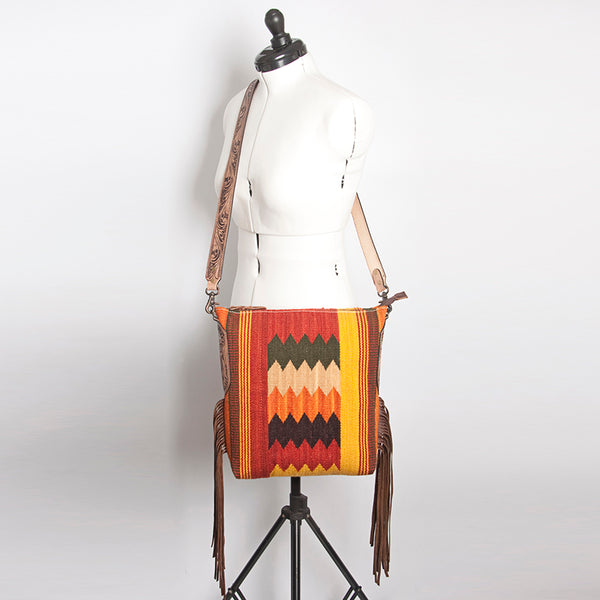 ADBG905 American Darling Hand Woven Saddle Blanket Western Leather Cross body Bag with Fringes