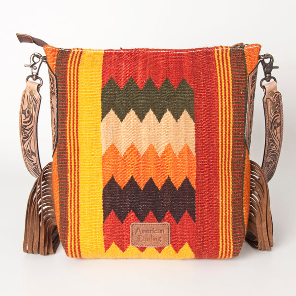 ADBG905 American Darling Hand Woven Saddle Blanket Western Leather Cross body Bag with Fringes