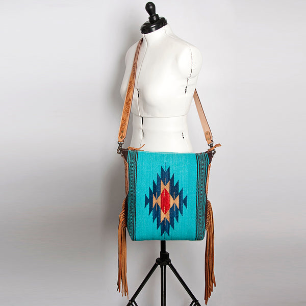 ADBG905 American Darling Hand Woven Saddle Blanket Western Leather Cross body Bag with Fringes