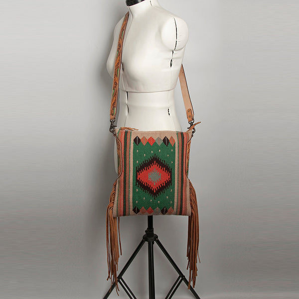 ADBG905 American Darling Hand Woven Saddle Blanket Western Leather Cross body Bag with Fringes
