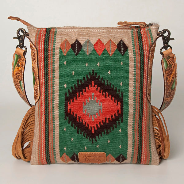 ADBG905 American Darling Hand Woven Saddle Blanket Western Leather Cross body Bag with Fringes