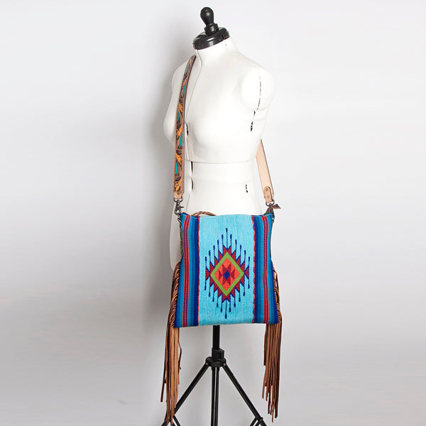 ADBG905 American Darling Hand Woven Saddle Blanket Western Leather Cross body Bag with Fringes