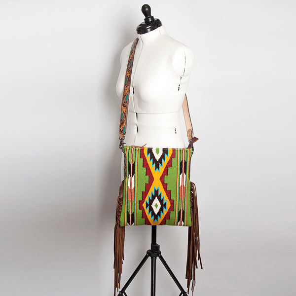 ADBG905 American Darling Hand Woven Saddle Blanket Western Leather Cross body Bag with Fringes