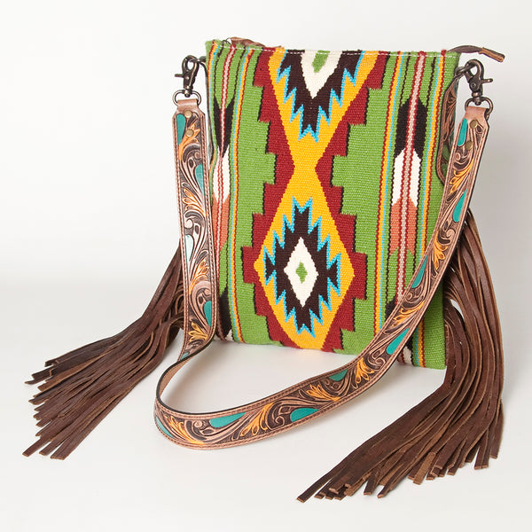 ADBG905 American Darling Hand Woven Saddle Blanket Western Leather Cross body Bag with Fringes