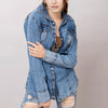 LC-ADSH012 Women s Western Denim Shirt with Sunflower & Cactus Tooled Leather Yoke