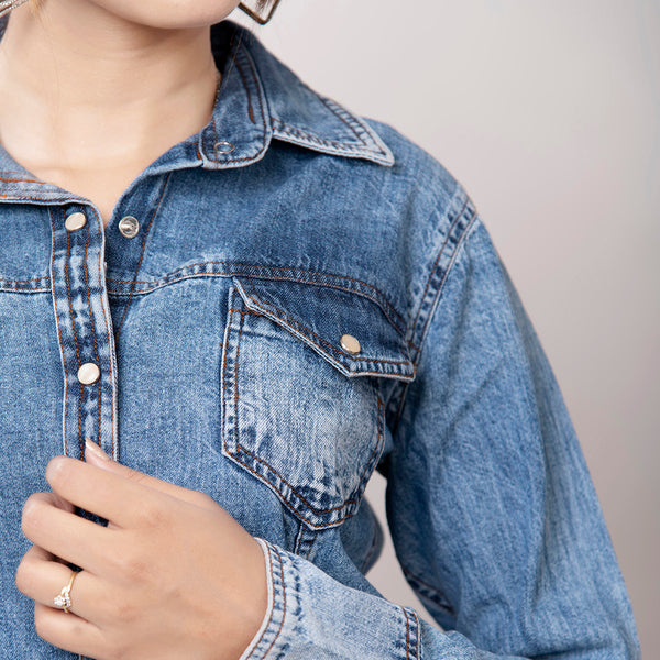 LC-ADSH012 Women s Western Denim Shirt with Sunflower & Cactus Tooled Leather Yoke