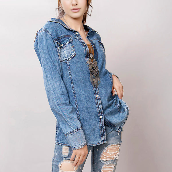 LC-ADSH012 Women s Western Denim Shirt with Sunflower & Cactus Tooled Leather Yoke