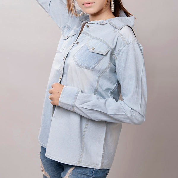LC-ADSH013 Light Denim Western Shirt with Sunflower Tooled Leather Yoke Women s