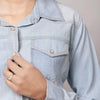 LC-ADSH013 Light Denim Western Shirt with Sunflower Tooled Leather Yoke Women s