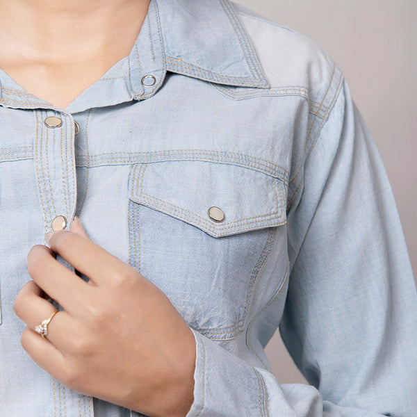 LC-ADSH013 Light Denim Western Shirt with Sunflower Tooled Leather Yoke Women s