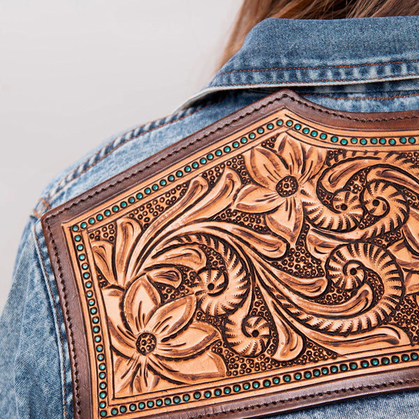 LC-ADSH014 Women s Western Denim Shirt with Sunflower & Cactus Tooled Leather Yoke