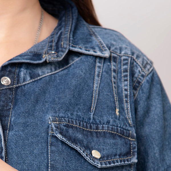 LC-ADSH015 Dark Denim Western Shirt with Tooled Leather Yoke & Turquoise Geometric Trim Women s