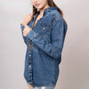 LC-ADSH015 Dark Denim Western Shirt with Tooled Leather Yoke & Turquoise Geometric Trim Women s