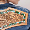 LC-ADSH015 Dark Denim Western Shirt with Tooled Leather Yoke & Turquoise Geometric Trim Women s