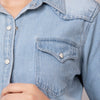 LC-ADSH016 Light Denim Western Shirt with Cowgirl & Cactus Tooled Leather Yoke Women s