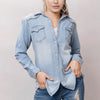 LC-ADSH016 Light Denim Western Shirt with Cowgirl & Cactus Tooled Leather Yoke Women s