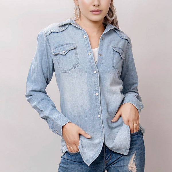 LC-ADSH016 Light Denim Western Shirt with Cowgirl & Cactus Tooled Leather Yoke Women s