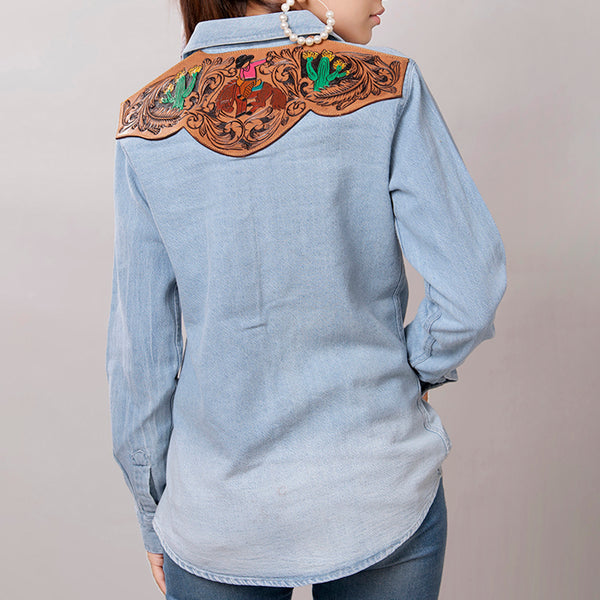 LC-ADSH016 Light Denim Western Shirt with Cowgirl & Cactus Tooled Leather Yoke Women s