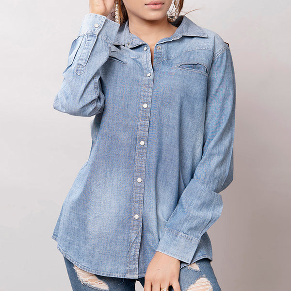 LC-ADSH017 Light Chambray Western Shirt with Tooled Leather Yoke & Turquoise Concho Women s
