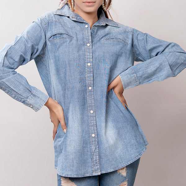 LC-ADSH017 Light Chambray Western Shirt with Tooled Leather Yoke & Turquoise Concho Women s
