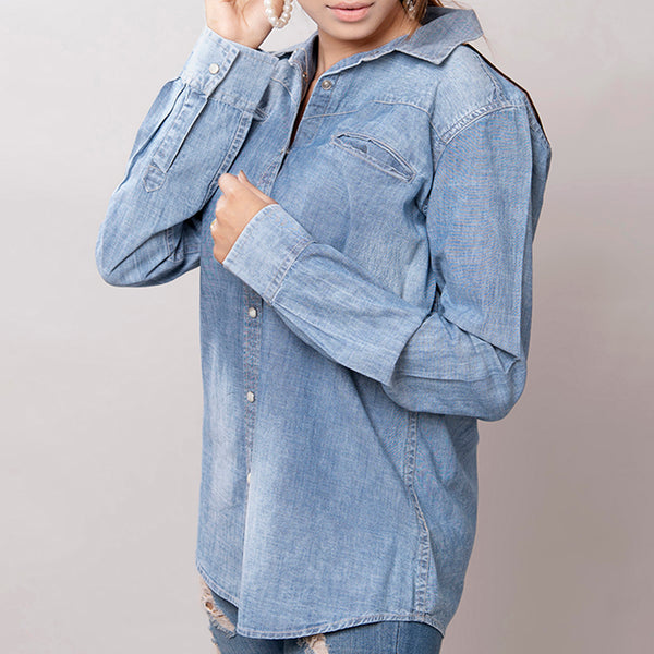 LC-ADSH017 Light Chambray Western Shirt with Tooled Leather Yoke & Turquoise Concho Women s