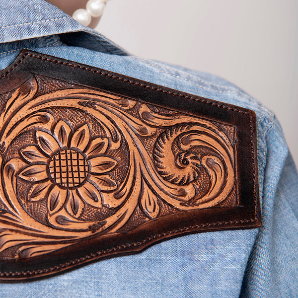 LC-ADSH017 Light Chambray Western Shirt with Tooled Leather Yoke & Turquoise Concho Women s