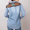 LC-ADSH017 Light Chambray Western Shirt with Tooled Leather Yoke & Turquoise Concho Women s