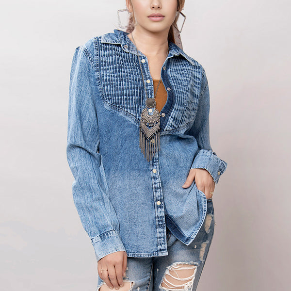 LC-ADSH018 Women's Western Denim Shirt with Hand-Tooled Leather Sunflower Yoke