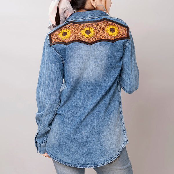 LC-ADSH018 Women's Western Denim Shirt with Hand-Tooled Leather Sunflower Yoke
